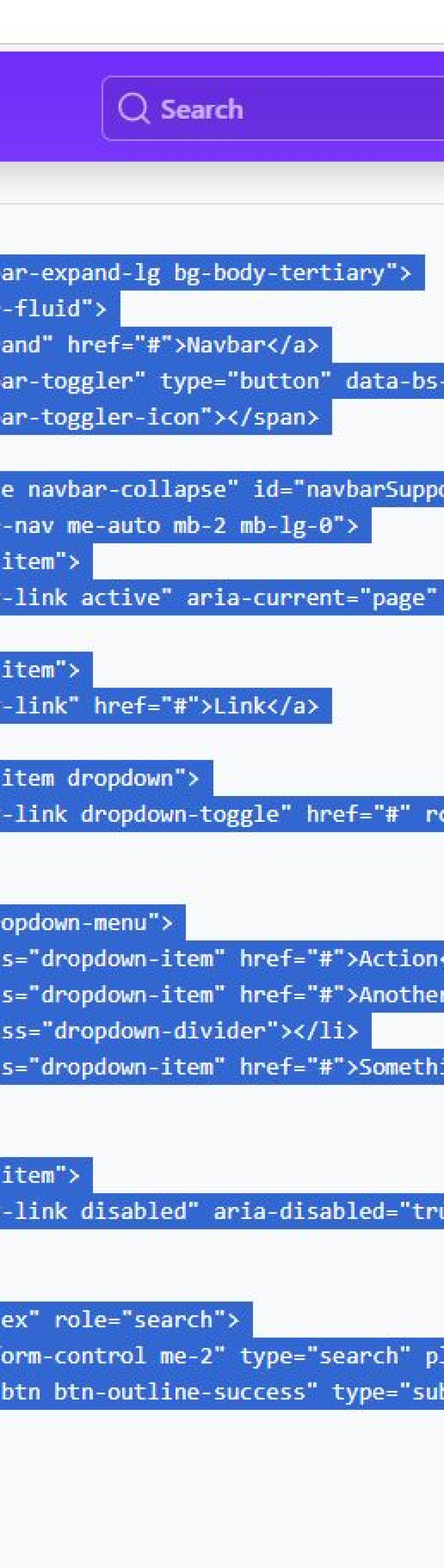 7. navigate to bootstrap and copy the code at the navbar section